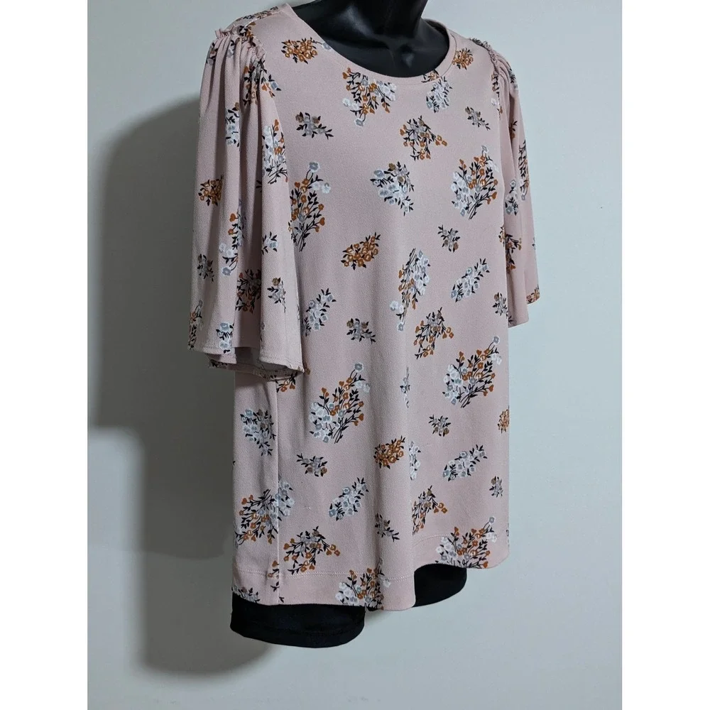 Worthington Floral Blouse Flutter Sleeve Top Lightweight Pink Small - Picture 2 of 6